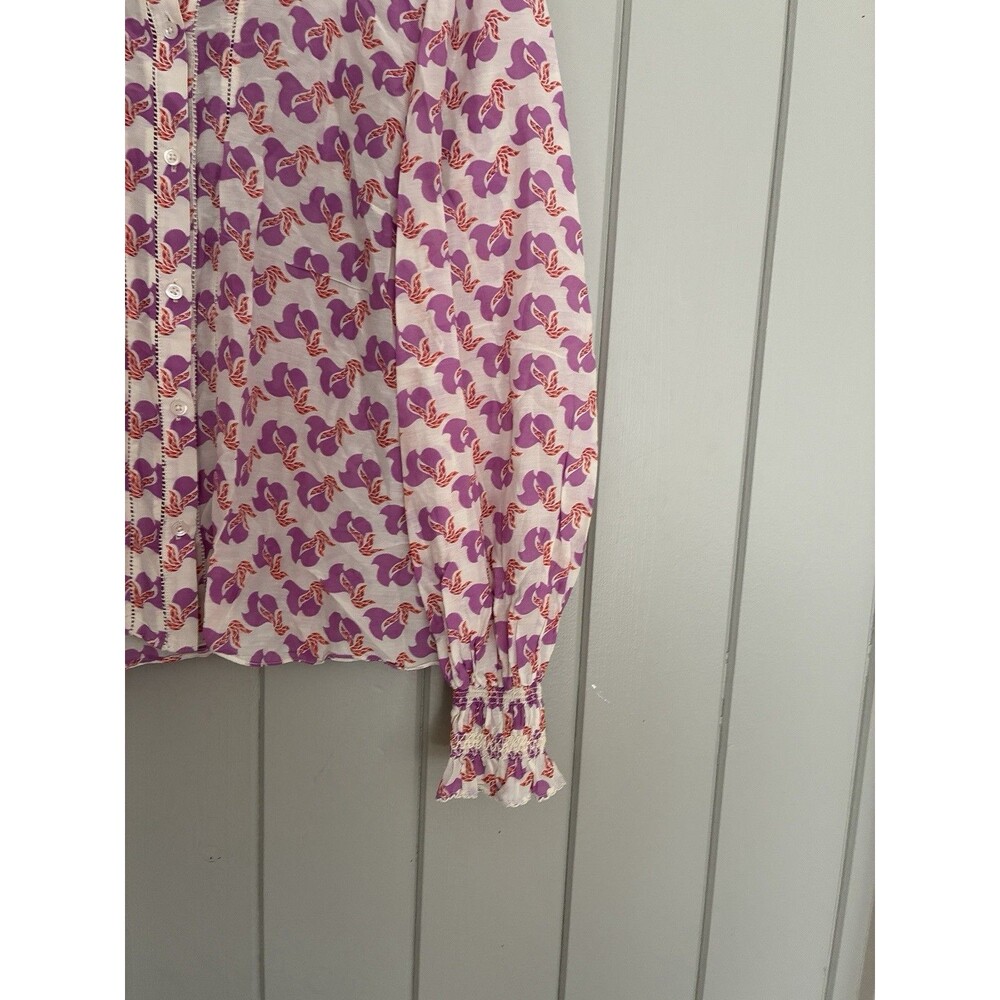 ME+EM Birds of Paradise Blouse 8 Purple White Silk Cotton Blend Button Front - Picture 2 of 7